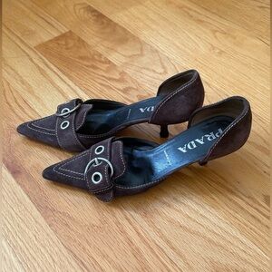 Prada Dark Brown Suede Pointed-Toe Kitten Heel Pumps with Buckle